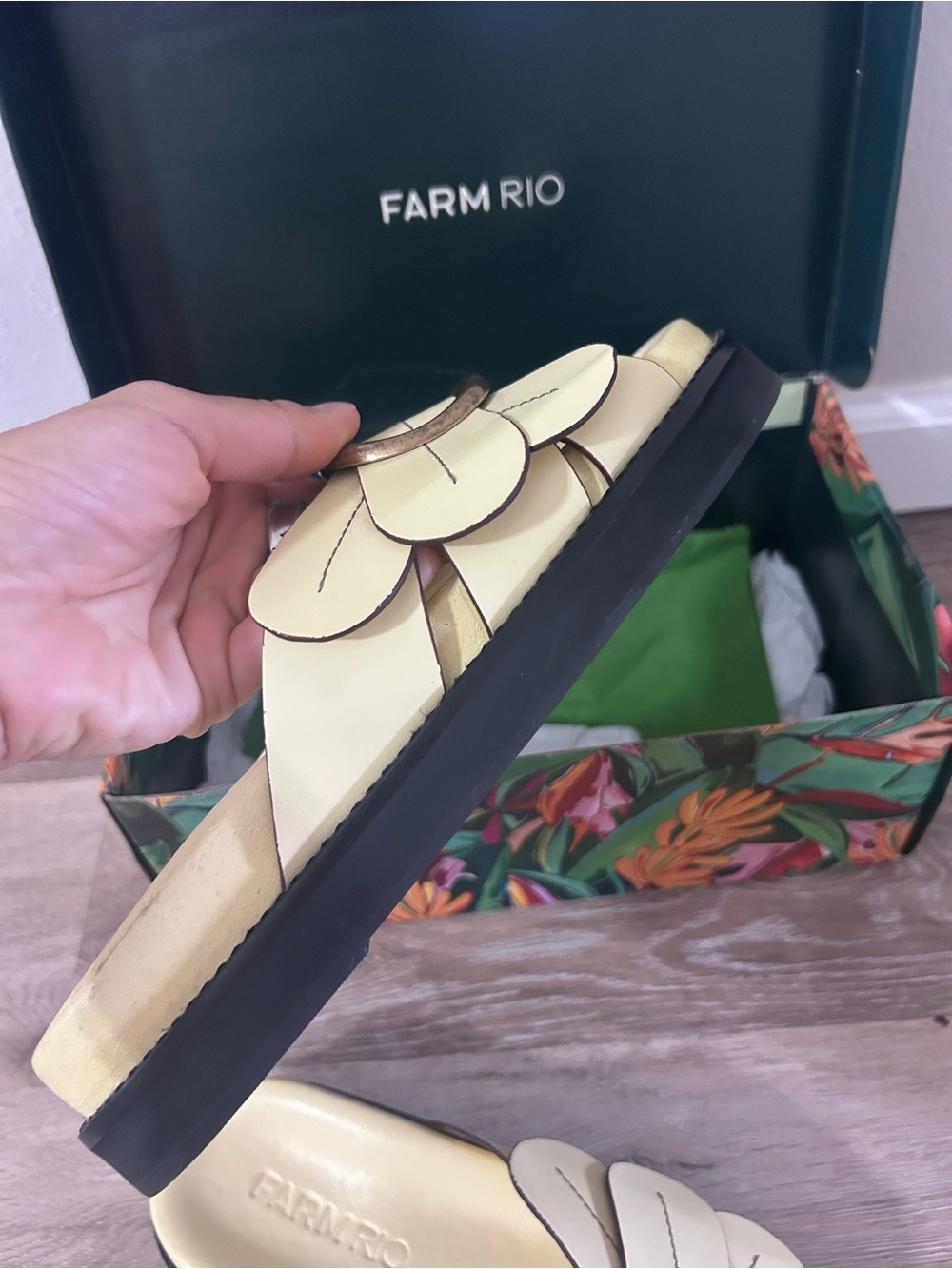FARM Rio Pale Yellow Leather Slide Mules with Brown Trim - Picture 2 of 6